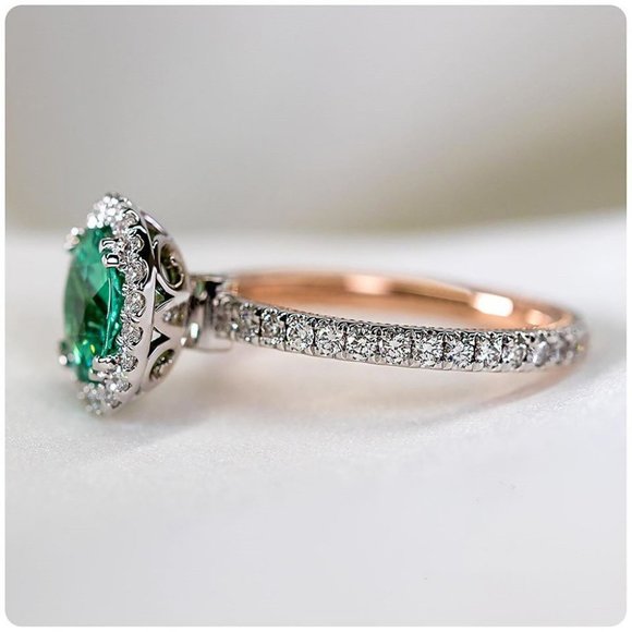 NEW Two Tone Round Emerald Diamond Halo Ring - Picture 2 of 4